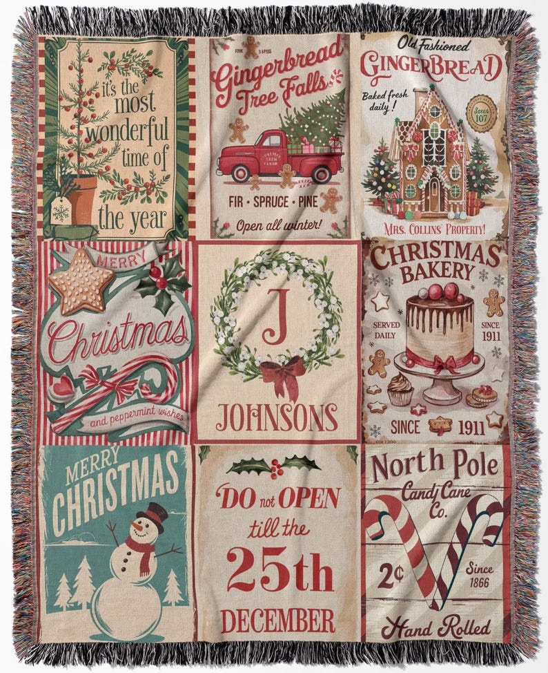 May include: A woven throw blanket featuring a grid of nine Christmas-themed panels. Designs include a gingerbread house, a red truck, a snowman, candy canes, a cake, and a wreath with the letter J and the name Johnsons printed on it.