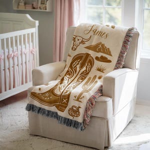 Personalized Cowboy Woven Baby Blanket, Western Cowboy Boys Blanket, Heirloom Blanket, Newborn Name Blanket, Baby Name Woven Throw Blanket