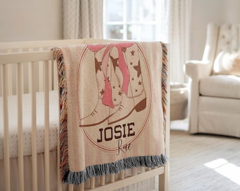 Personalized Cowgirl Blanket Cowgirl Baby Shower Gift Western Girl Blanket with Bow Nursery Decor Coquetteaesthetic Girl Name Woven Blanket