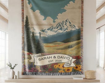 Custom Outdoorsy Couple Blanket Nature Lovers Gift Adventure Couples Woven Throw with Mountains and Wildflowers Couple Names Wedding Gift