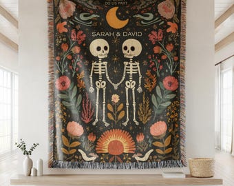 Custom Skeleton Couple Till Death Woven Blanket Til Death Blanket Lovers Wedding Blanket Spooky Goth Couple Halloween Gift Anniversary Gift