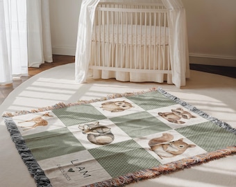 Personalized Baby Blanket Woodland Forest Animal Woven Blanket Custom Baby Name Blanket Baby Shower Gift Woodland Babyblanket Nursery Decor