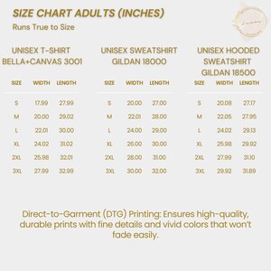 May include: Size chart for adult unisex t-shirts, sweatshirts, and hooded sweatshirts. The chart shows sizes from S to 3XL with corresponding width and length measurements in inches. The brands listed are Bella+Canvas 3001, Gildan 18000, and Gildan 18500.