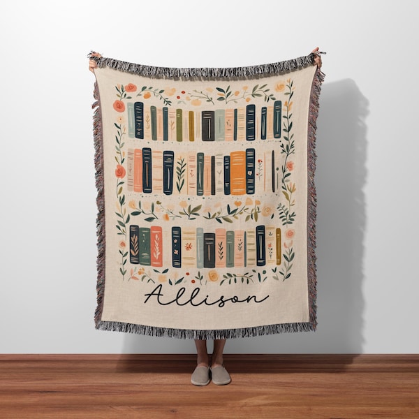 Manta tejida personalizada para amantes de los libros, manta de flores silvestres, manta de estantería, regalo para amantes de los libros.