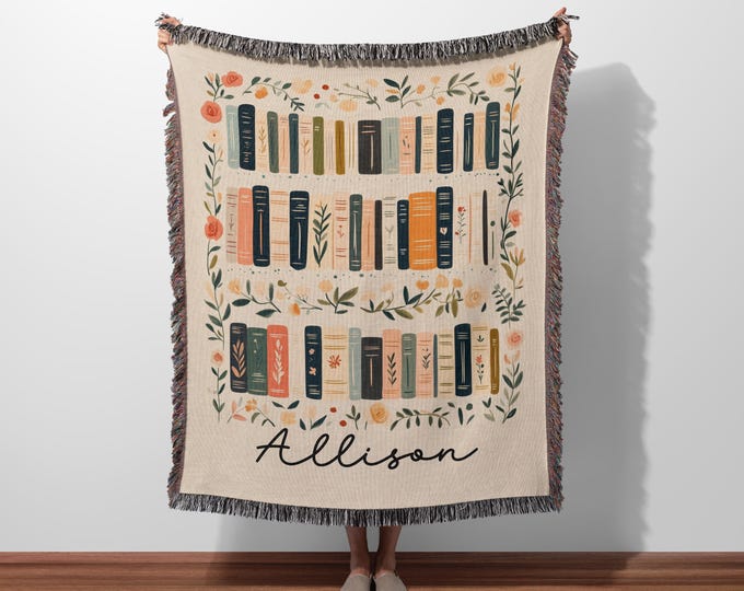Custom Book Lovers Woven Blanket, Wildflowers Bookish Blanket, Bookshelf Blanket Gift for Bookworm, Gift for Booklover Woven Thow Blanket