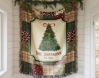 Personalized Christmas Woven Blanket, Custom Family Name Throw, Christmas Tree Blanket, Plaid Holiday Decor, Housewarming Gift, EST Year