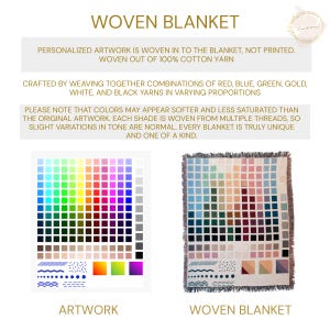 May include: A woven blanket with a colorful pixelated design, showcasing a spectrum of hues. The image includes a color palette and the text "WOVEN BLANKET". The blanket is crafted from 100% cotton yarn, with personalized artwork woven into the fabric.