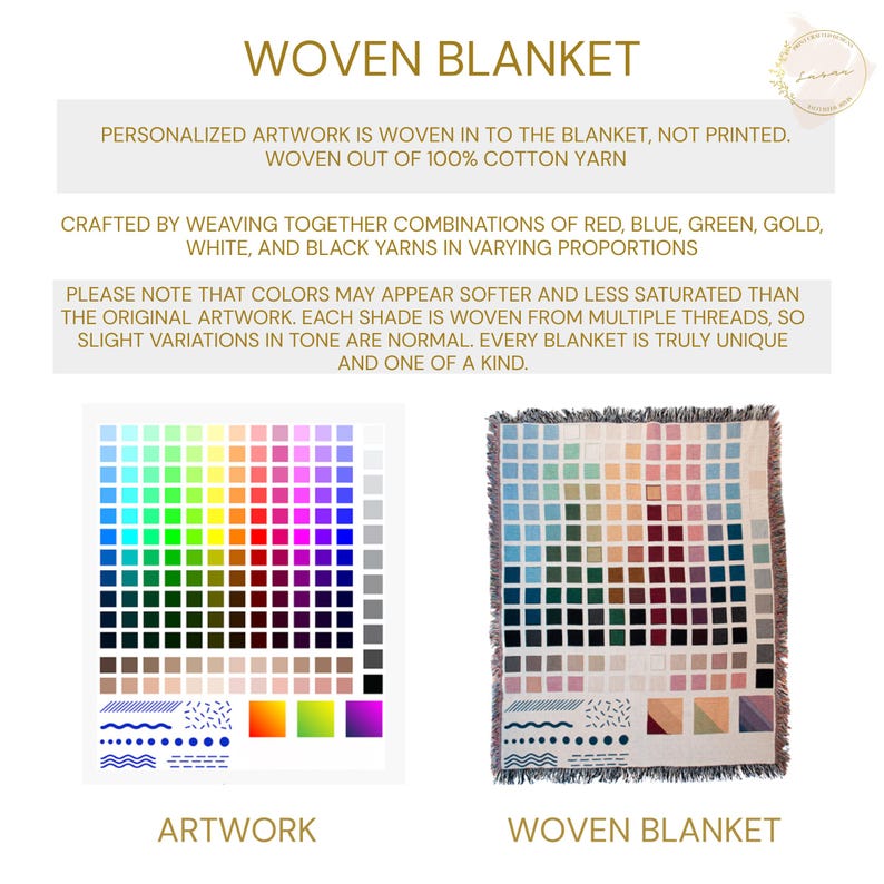 May include: A woven blanket with a colorful pixelated design, showcasing a spectrum of hues. The image includes a color palette and the text "WOVEN BLANKET". The blanket is crafted from 100% cotton yarn, with personalized artwork woven into the fabric.