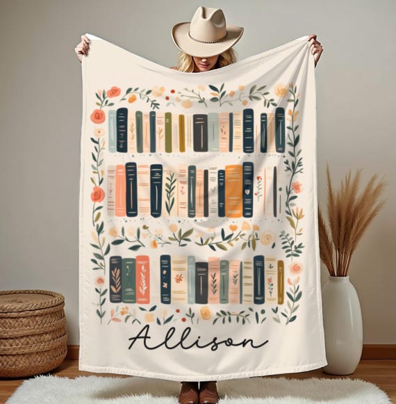 Personalized Library Blanket, Boho Wildflowers Bookish Blanket, Bookshelf with Flower for Book Lover Gift, Gift For Reader Librarian Teacher
