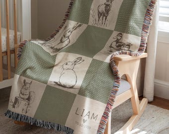 Personalized Baby Blanket Woodland Forest Animal Woven Blanket Custom Baby Name Blanket Baby Shower Gift Woodland Babyblanket Nursery Decor