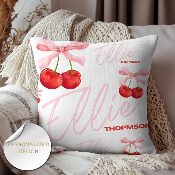 Personalized Cherry Bow Throw Pillow for coquette room decor, Girly pillow preppy room decor, Pillow decorative name, Mother's day pillow