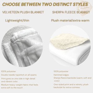 May include: Two different styles of plush blankets are shown. The first is a white velvety plush blanket with a double needle topstitch on all seams. The second is a white sherpa fleece blanket with a soft, cozy backside. Both blankets are 100% polyester.