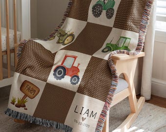 Personalized Farm Theme Baby Blanket Farm Truck Woven Blanket Custom Baby Boy Name Blanket Baby Shower Gift Truck-themed Nursery Woven Throw