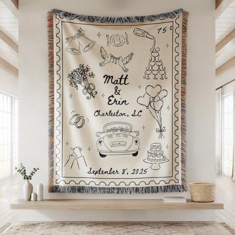 Custom Married Woven Blanket, Custom Anniversary Gift Wedding Stamp Woven Blanket, Wedding Gift For Couple, Marriage Blanket Mr And Mrs Gift