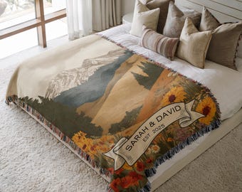 Custom Outdoorsy Couple Blanket Nature Lovers Gift Adventure Couples Woven Throw with Mountains and Wildflowers Couple Names Wedding Gift