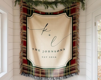 Personalized Christmas Woven Blanket, Custom Couple Blanket, Monogram Family Christmas Gift, Xmas Plaid Housewarming Gift for Married Couple
