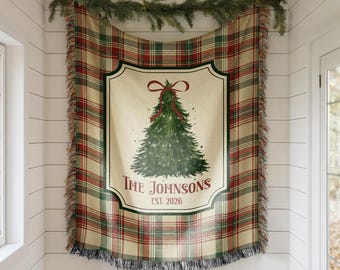 Personalized Christmas Woven Blanket, Custom Family Name Throw, Christmas Tree Blanket, Plaid Holiday Decor, Housewarming Gift, EST Year