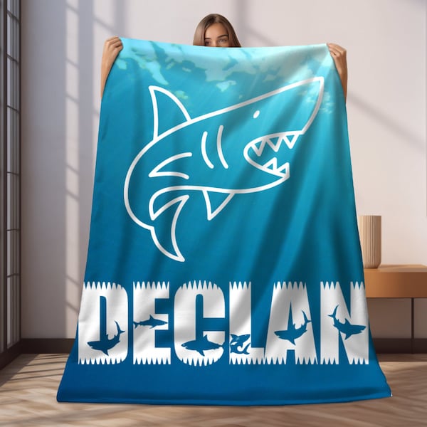 Custom Shark blanket with custom name blanket Shark customizable blanket for shark lovers gifts, Throw shark for boys or girls birthday gift