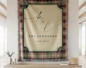 Personalized Christmas Woven Blanket, Custom Couple Blanket, Monogram Family Christmas Gift, Xmas Plaid Housewarming Gift for Married Couple