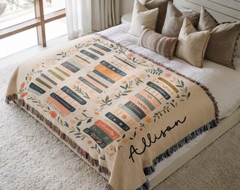 Custom Book Lovers Woven Blanket, Wildflowers Bookish Blanket, Bookshelf Blanket Gift for Bookworm, Gift for Booklover Woven Thow Blanket