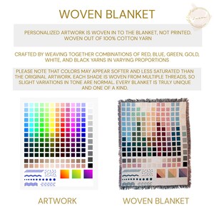 Puede incluir: Una manta tejida con un dise&ntilde;o de paleta de colores. La manta est&aacute; hecha de hilo 100% algod&oacute;n y presenta una variedad de colores, incluyendo rojo, azul, verde, dorado, blanco y negro. La imagen tambi&eacute;n muestra una carta de colores y el texto "WOVEN BLANKET".