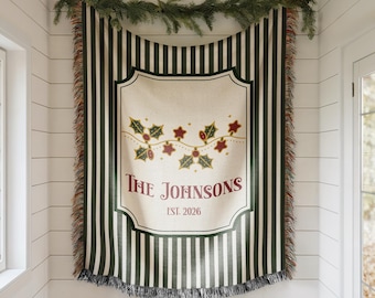Personalized Christmas Woven Blanket, Custom Family Name Throw, Christmas Tree Blanket, Plaid Holiday Decor, Housewarming Gift, EST Year