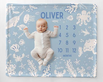 Personalized Ocean Baby Month Blanket Baby Shower Gift Under the Sea Milestone Ocean Life Ocean Nursery Decor Boy Month Blanket New Mom Gift