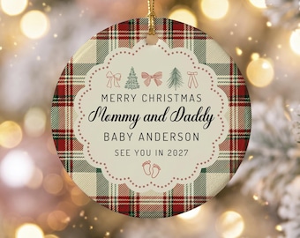 Personalized Christmas Pregnancy Announcement Ornament, Mommy and Daddy Baby Reveal, Custom Baby Name Due Date, Plaid Christmas Keepsake