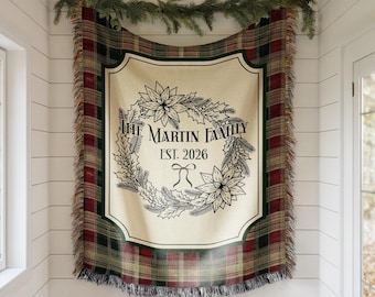 Personalized Christmas Woven Blanket, Custom Family Name Throw, Christmas Tree Blanket, Plaid Holiday Decor, Housewarming Gift, EST Year