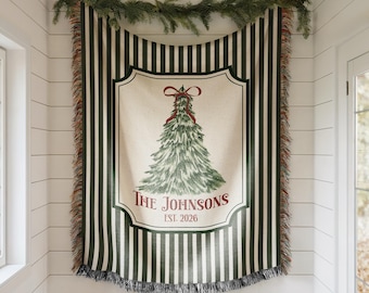 Personalized Christmas Woven Blanket, Custom Family Name Throw, Christmas Tree Blanket, Plaid Holiday Decor, Housewarming Gift, EST Year