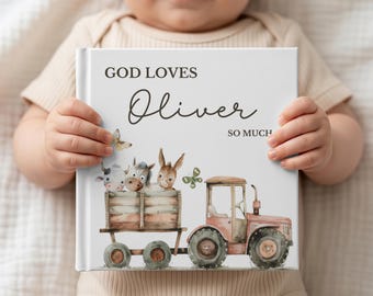Livre personnalisé pour bébé, livre d'histoires sur le thème de la ferme aquarelle, cadeau de baptême pour garçon ou fille, livre pour l'heure du coucher de Cristian, cadeau pour filleul ou filleule