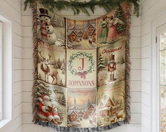 May include: A tapestry throw blanket with a Christmas theme, featuring various winter scenes and characters. The blanket includes images of a snowman, reindeer, Santa Claus, angels, and a nutcracker. The text "Reindeer Kisses", "Santa Claus", and "Christmas Lights" are visible.