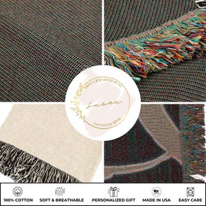 May include: A woven throw blanket featuring a dark, multi-coloured textured pattern with fringe edges, alongside a solid cream-coloured section with black fringe. A circular logo in the centre displays the text Print Crafted Designs and Susan.