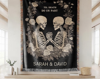 Custom Skeleton Couple Till Death Woven Blanket Til Death Blanket Lovers Wedding Blanket Spooky Goth Couple Halloween Gift Anniversary Gift