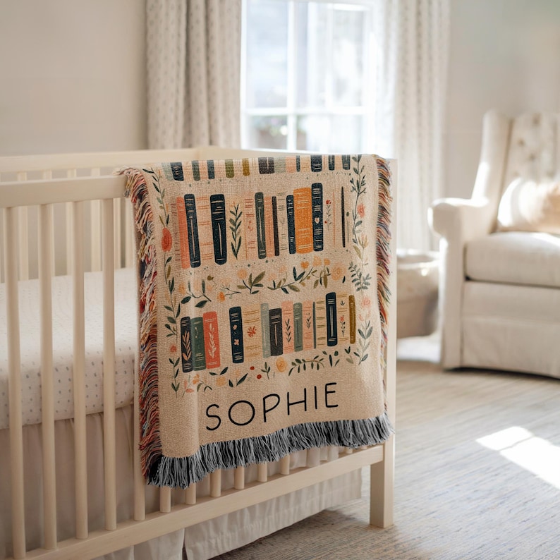 Book Lovers Baby Woven Blanket, Book Blanket for Nursery Decor, Wildflowers and books Blanket Gift for Baby Shower, Gift for Booklover Mom image 1