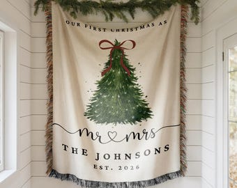 Personalized Christmas Woven Blanket Our First Chrismas, Custom Couple Blanket Monogram Family Christmas Gift Xmas Gift for Married Couple