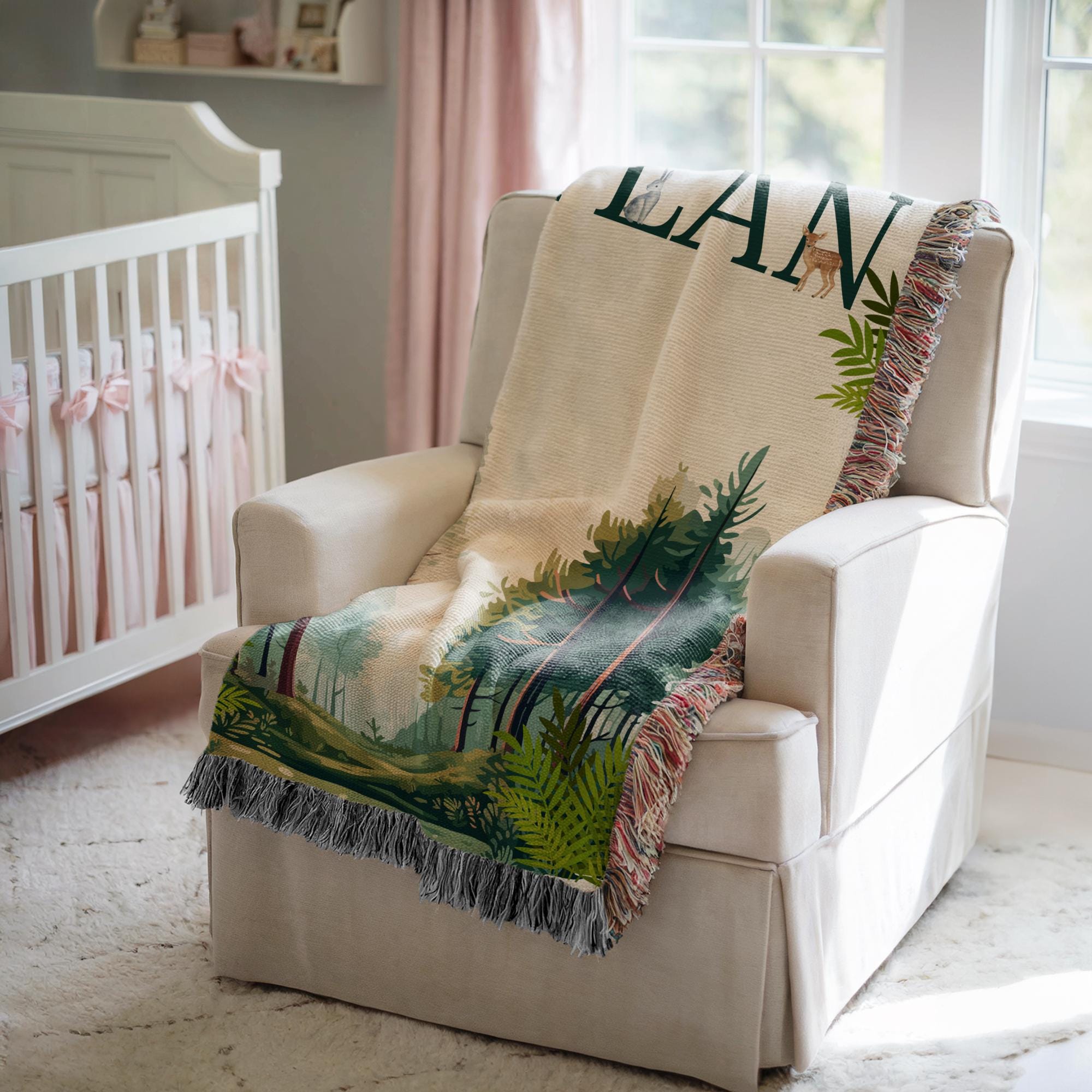 Personalized Baby Blanket Woodland Forest Animal Woven Blanket Custom Baby Name Blanket Baby Shower Gift Woodland Nursery Decor Woven Throw