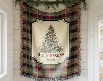 Personalized Christmas Woven Blanket, Custom Family Name Throw, Christmas Tree Blanket, Plaid Holiday Decor, Housewarming Gift, EST Year