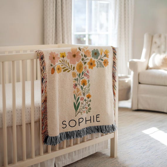 Personalized Baptism Baby Blanket Baptism Christening Blanket for Girl, Woven Baby Blanket with Floral Cross Baptism Floral Cross Baby Gift