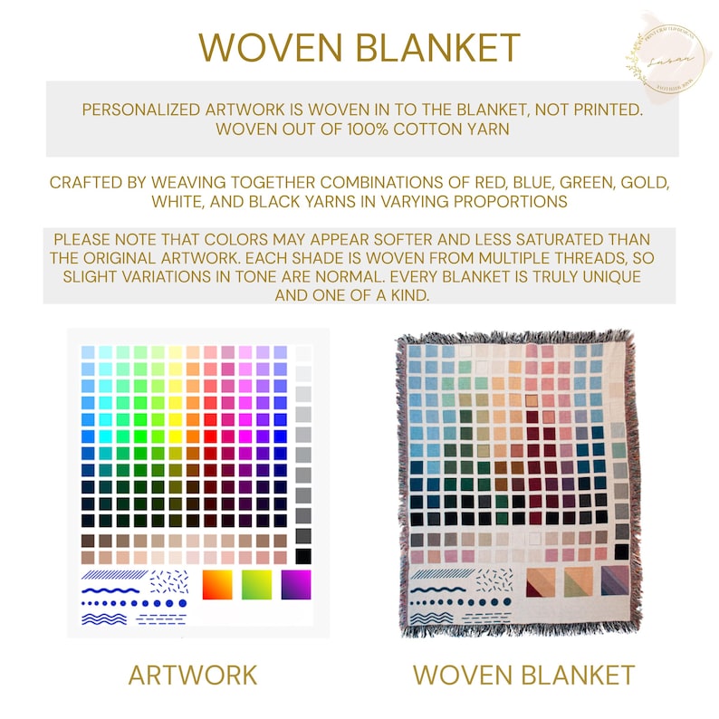 Puede incluir: Una manta tejida con un dise&ntilde;o de paleta de colores. La manta est&aacute; hecha de hilo 100% algod&oacute;n y presenta una variedad de colores, incluyendo rojo, azul, verde, dorado, blanco y negro. La imagen tambi&eacute;n muestra una carta de colores y el texto "WOVEN BLANKET".
