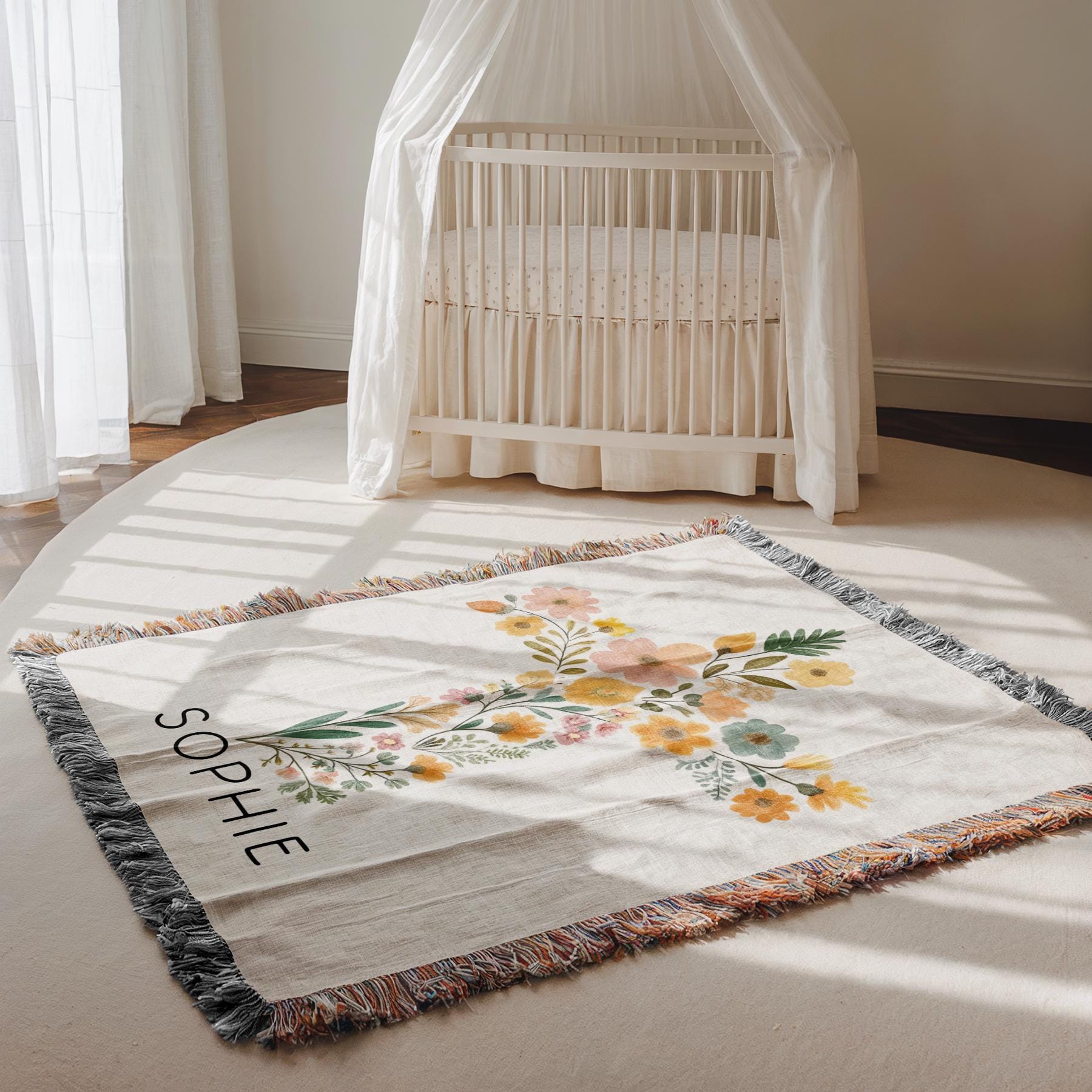 Personalized Baptism Baby Blanket Baptism Christening Blanket for Girl, Woven Baby Blanket with Floral Cross Baptism Floral Cross Baby Gift