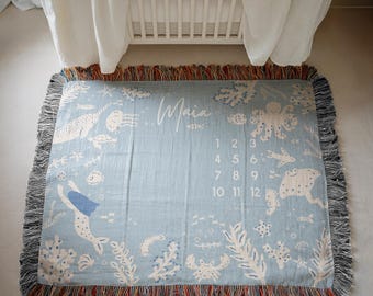 Customized Ocean Baby Month Blanket Sea Animals Woven Blanket Baby Shower Gift Under the Sea Milestone Ocean Life Ocean Nursery New Mom Gift