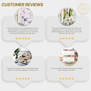 May include: Four customer reviews for personalized blankets. Each review includes a photo of the blanket and a five-star rating. The reviews highlight the quality, softness, and fast shipping of the blankets.