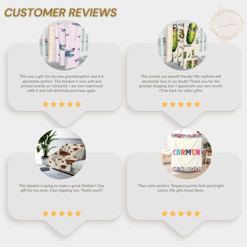 May include: Four customer reviews for personalized blankets. Each review includes a photo of the blanket and a five-star rating. The reviews highlight the quality, softness, and fast shipping of the blankets.