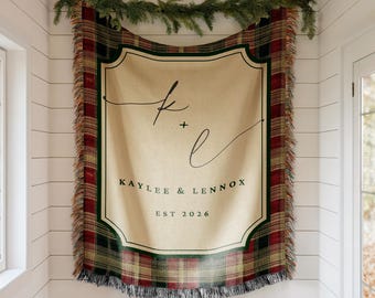 Personalized Christmas Woven Blanket, Custom Couple Blanket, Monogram Family Christmas Gift, Xmas Plaid Housewarming Gift for Married Couple