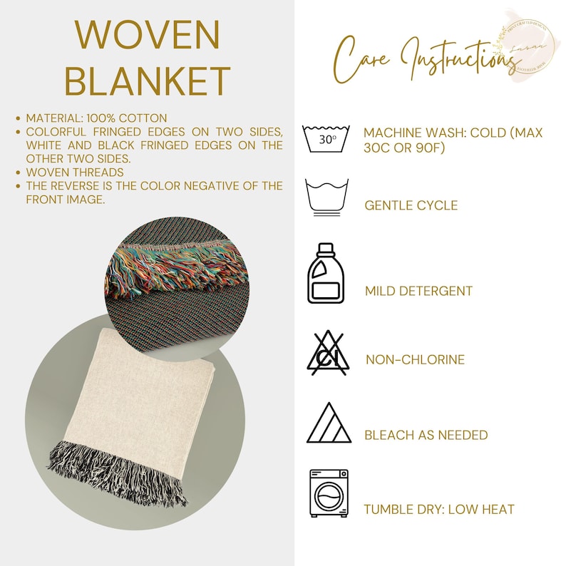 May include: A woven cotton blanket with colorful fringed edges on two sides and white and black fringed edges on the other two sides. The blanket has woven threads and the reverse side is the color negative of the front image. Care instructions are also included.