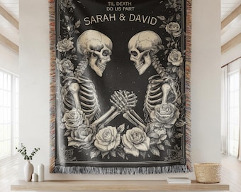 Custom Skeleton Couple Till Death Woven Blanket Til Death Blanket Lovers Wedding Blanket Spooky Goth Couple Halloween Gift Anniversary Gift