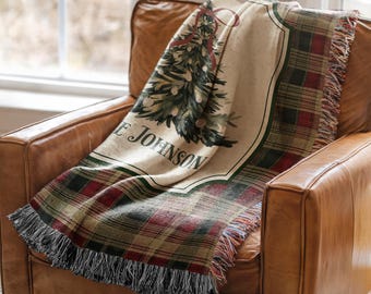 Personalized Christmas Woven Blanket, Custom Family Name Throw, Christmas Tree Blanket, Plaid Holiday Decor, Housewarming Gift, EST Year