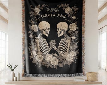 Custom Skeleton Couple Till Death Woven Blanket Til Death Blanket Lovers Wedding Blanket Spooky Goth Couple Halloween Gift Anniversary Gift