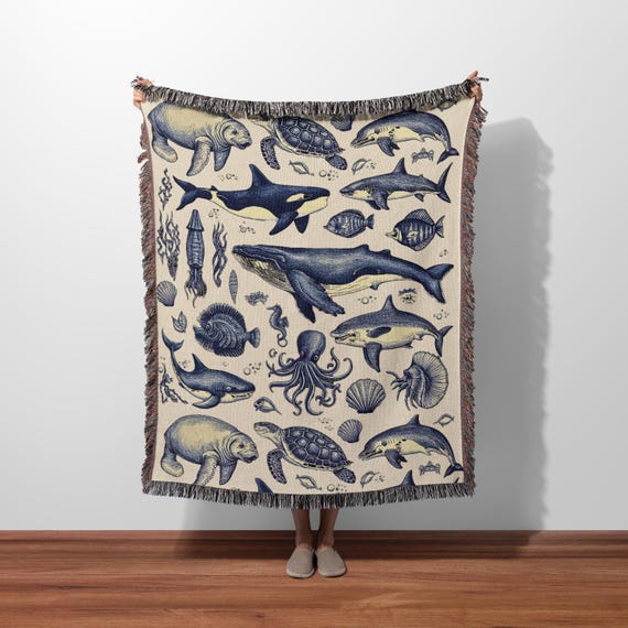 Ocean Life Woven Blanket, Vintage Sea Animals Throw Gift, Beach House Decor, Sea life Blanket, Vintage Sea Life Art, Sea Creature Blanket